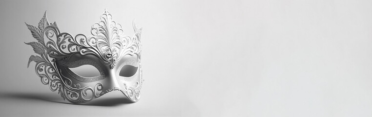 Carnival venetian white mask banner on white background with copy space. Illustration AI