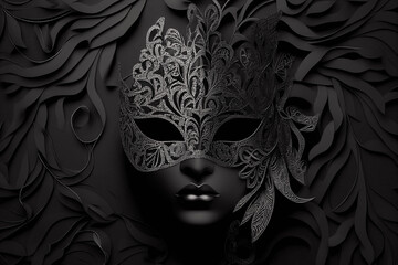 Woman wearing Carnival venetian black mask on black background with floral decoration. Illustration AI	
