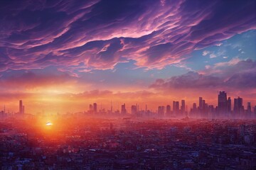 Fototapeta na wymiar Evening cloudscape in city, Colorful sunset. Generative AI