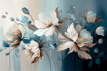 Abstract watercolor flowers background or wallpaper. Blue and white spring flowers. Illustration AI
