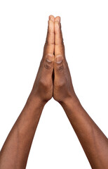 Man holding hands together in symbol of prayer and gratitude isolated on white or transparent...