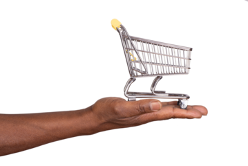 Small shopping cart on a hand isolated on white or transparent background