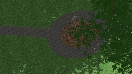 3D illustration of a modern landscape design of a city square. Computer visualization of landscaping. Contrasting composition from a group of plants.