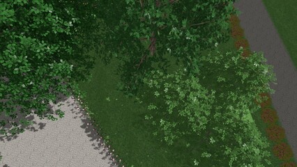 3D illustration of a modern landscape design of a city square. Computer visualization of landscaping. Contrasting composition from a group of plants.