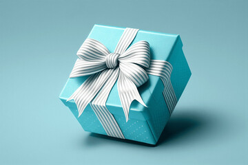 Blue gift box with beautiful ribbon tie on blue background. Illustration AI