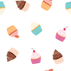 Seamless pattern with delicious cupcake in cartoon style. Vector background with sweets, dessert, pastries