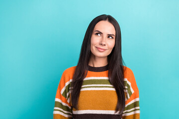 Photo portrait of thoughtful adorable woman brunette long hair wear stylish striped sweater look...