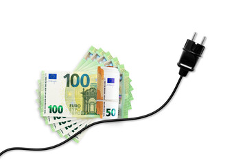 Euro banknotes on a white background. Energy crisis and expensive electricity, gas price. Big...