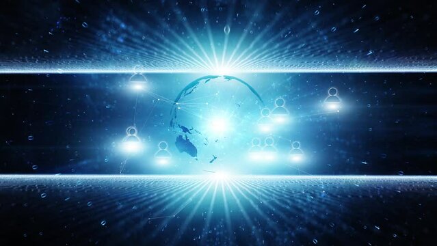 Glowing digital cyberspace network with people icons and earth globe rotation. Digital technology business seamless looping animation background.