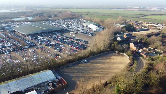 Aerial Footage of Huge Car Parking at Kempston Bedford Town of England UK. The Footage  Was Captured on 06-Feb-2023 with Drone's Camera