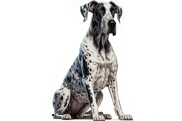 A white backdrop with a seated great dane Generative AI - obrazy, fototapety, plakaty