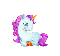 Watercolor fairy tale unicorn. Illustration isolated on a white background.