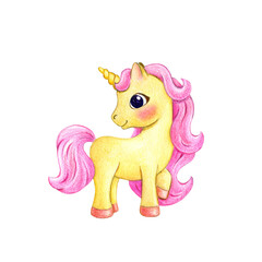 Baby yellow unicorn with pink mane. Watercolor illustration isolated on white background in cartoon style.