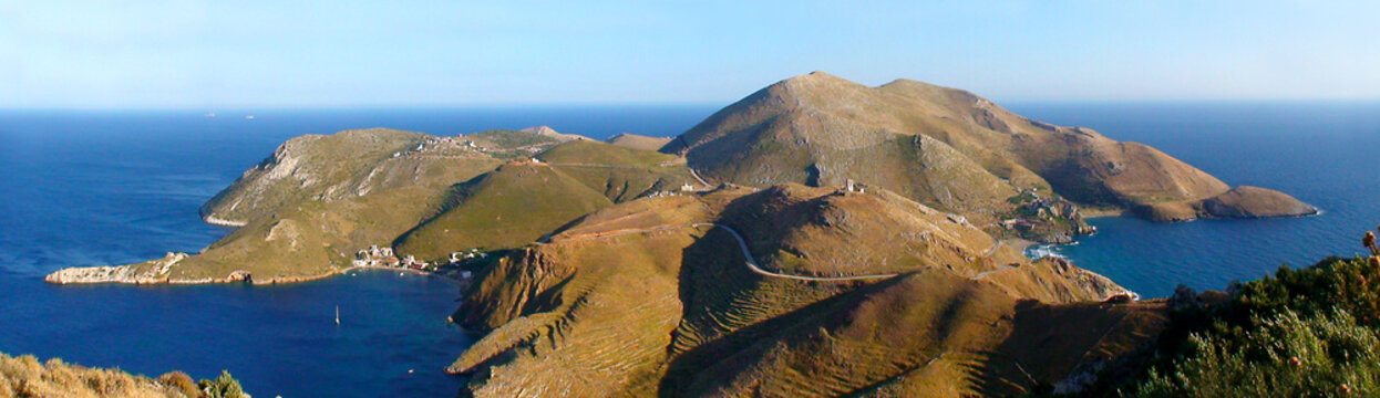 panoramic view of the peninsula of Porto Kagio (quail port) in the south of the Peloponnese, at the extreme tip of Mani in Greece