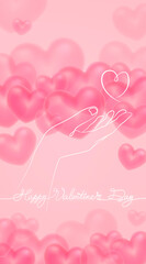 Vertical banner for Valentine's Day. Calligraphic inscription and silhouette of a female hand on a background of pink hearts. Pink translucent flying hearts