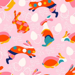 Seamless pattern with Easter bunnies. Standing, jumping, sitting rabbits decorated with geometric patterns. Easter eggs and hand drawn texture Vector illustration