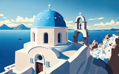 Photograph taken vertically showing the blue dome of the Greek island of Santorini. Generative AI - obrazy, fototapety, plakaty