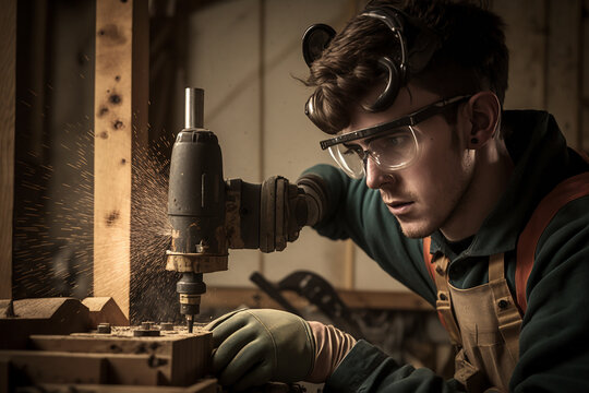 Trainee With Safety Glasses Drilling Wood. Generative IA