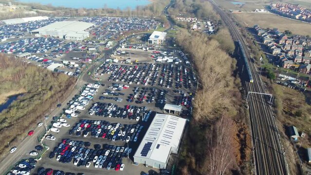 Aerial Footage of Huge Car Parking at Kempston Bedford Town of England UK. The Footage  Was Captured on 06-Feb-2023 with Drone's Camera