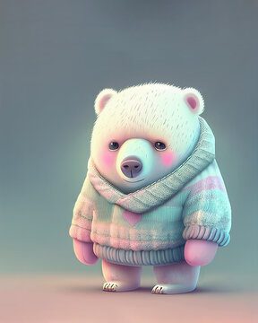 Cute ice bear teddy with clothes, pastel color, animal greeting card, fairy tale character, love and emotion, generative AI