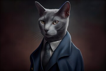 Portrait of a Russian Blue Cat dressed in a formal business
