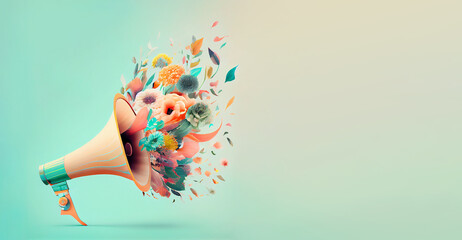 Megaphone with colorful pastel summer flowers,  advertising and marketing concept, social media, announce positive and creative idea, generative AI