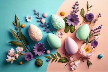 Fototapeta na wymiar easter eggs and flowers and decoration on pastel color background. Generative AI