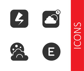 Set Compass west, Lightning bolt, Cloud with moon and Weather forecast app icon. Vector