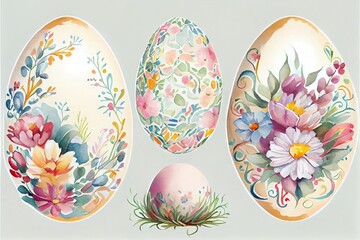 Set of easter eggs, floral and geometric ornament. Watercolor. Generative AI