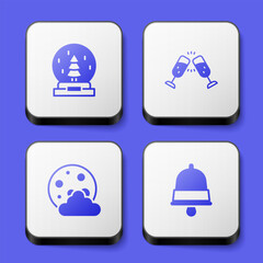 Set Christmas snow globe, Glass of champagne, night and ringing bell icon. White square button. Vector