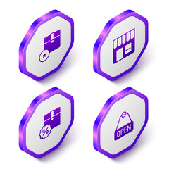 Set Isometric Carton cardboard box, Market store, Cardboard with discount and Hanging sign text Open icon. Purple hexagon button. Vector