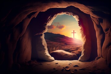The Resurrection of Jesus Christ, with Empty Tomb and Crucifix at Sunrise. Easter Background. Generative AI