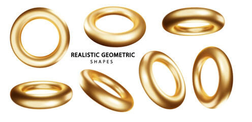 Gold torus shapes set isolated on white background PNG. Golden glossy realistic primitives . Abstract decorative vector figure for trendy design. - obrazy, fototapety, plakaty