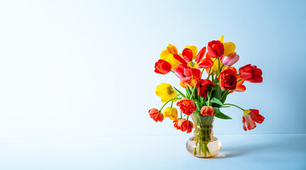Big flowers bouquet of multicolored tulips in vintage glass vase on light blue background with copy...