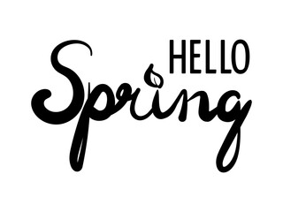 Hello spring black lettering and calligraphy vector illustration. Handwritten spring word decorated with leaf. Seasonal phrase for poster design, logo, greeting card
