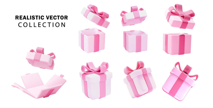 Pink realistic 3d gift boxes with bow set PNG. Holiday open surprise box. Realistic vector for valentine's day, women's day and mother's day.