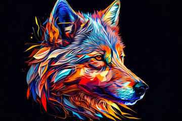 Wolf head with abstract colorful background. Digital illustration for t-shirt