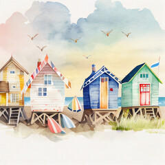 Summer houses at the ocean beach watercolor illustration, cartoon drawing of wooden huts for travelers on vacation at the sand sea coast