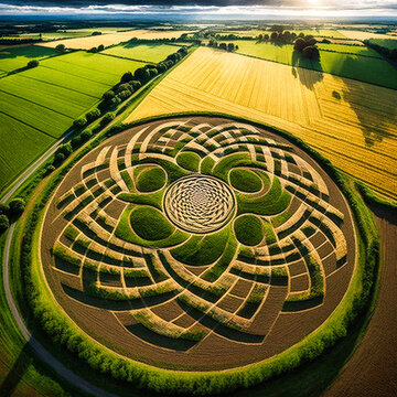 Crop circles land-art in the fields of the countryside, air view - generative ai