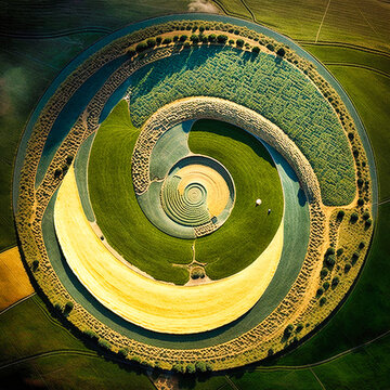 Crop circles land-art in the fields of the countryside, air view - generative ai
