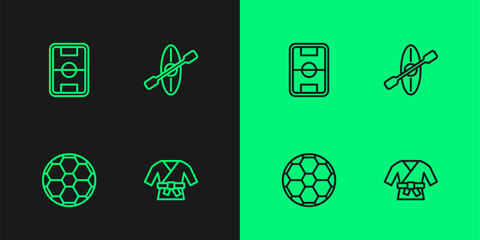 Fototapeta na wymiar Set line Kimono, Soccer football ball, Football field and Kayak and paddle icon. Vector