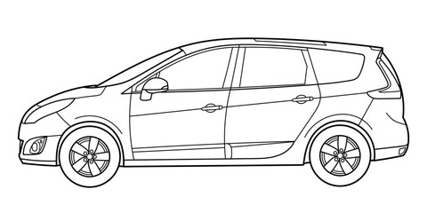 Classic family compact van car. Side view shot. Outline doodle vector illustration for your design - color book or print