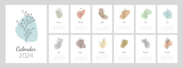 Fototapeta na wymiar Calendar template for 2024. Vertical design with botanical line art. Natural colors. Editable illustration page template A4, A3, set of 12 months with cover. Vector mesh. Week starts on Sunday.