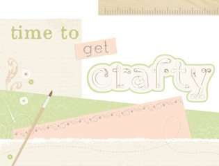 Time to get crafty, national craft month design with paper and crafting items