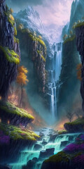 ai midjourney generative illustration of a fantasy waterfall landscape in the night