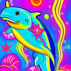 Fototapeta premium Colorful Whimsical Dolphin Illustration in Electric Pink, Blue Aqua and Purple