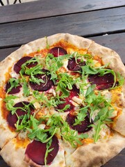 pizza on a wooden table