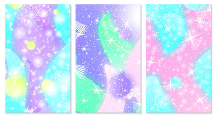 Fairy background. Unicorn pattern. Mermaid rainbow. Magic stars.