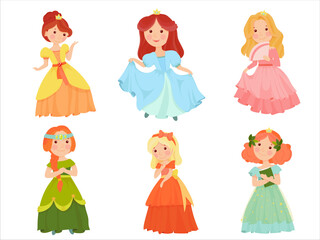 Obraz na płótnie Canvas Cute princesses in gorgeous dresses. Fairytale characters. A girl in a magical costume. Middle Ages. Vector illustration isolated on white background.