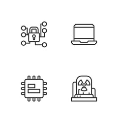 Set line Radioactive warning lamp, Processor CPU, Cyber security and Laptop icon. Vector